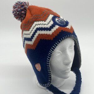 Edmonton Oilers Beanie Trapper Hat Winter Ski Tassels Old Time Hockey Knit Cap